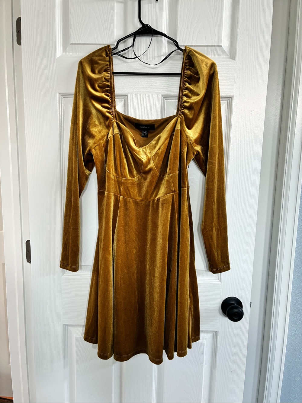 Forever 21 Velvet Long-Sleeve Fit & Flare Dress in Mustard Gold